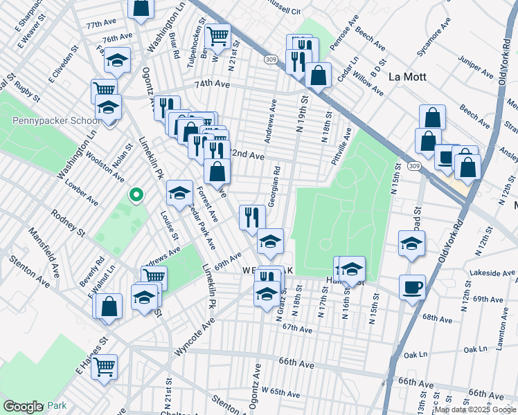 map of restaurants, bars, coffee shops, grocery stores, and more near 7031 Andrews Avenue in Philadelphia