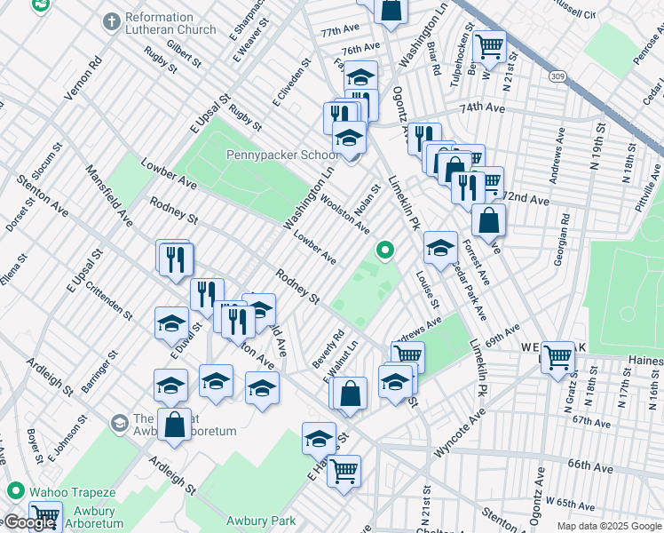 map of restaurants, bars, coffee shops, grocery stores, and more near 1650 East Tulpehocken Street in Philadelphia