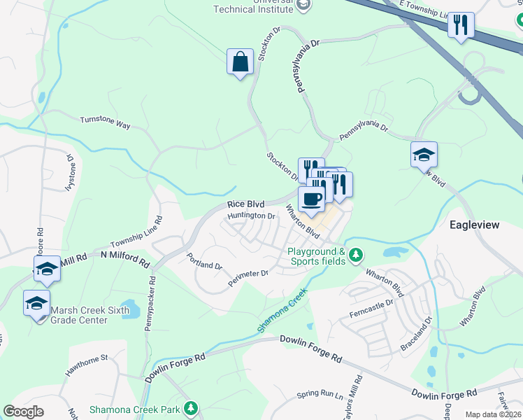 map of restaurants, bars, coffee shops, grocery stores, and more near 615 Huntington Drive in Downingtown