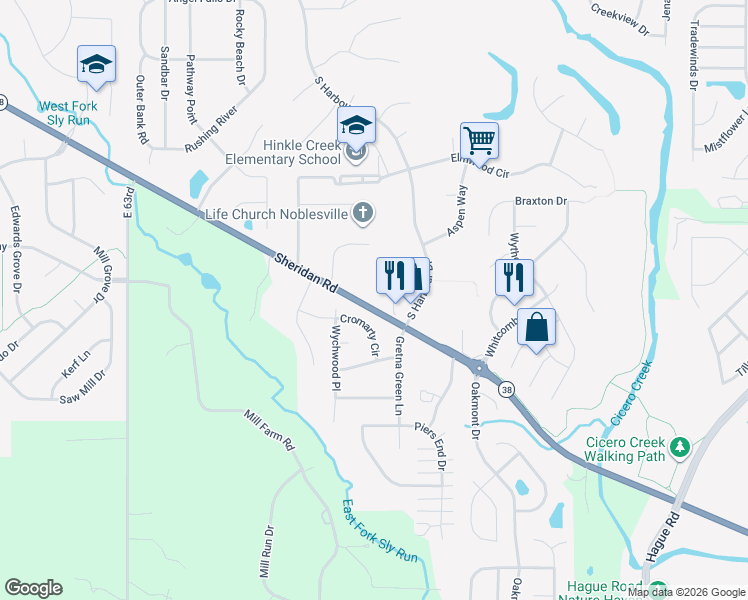 map of restaurants, bars, coffee shops, grocery stores, and more near 2088 Sheridan Road in Noblesville