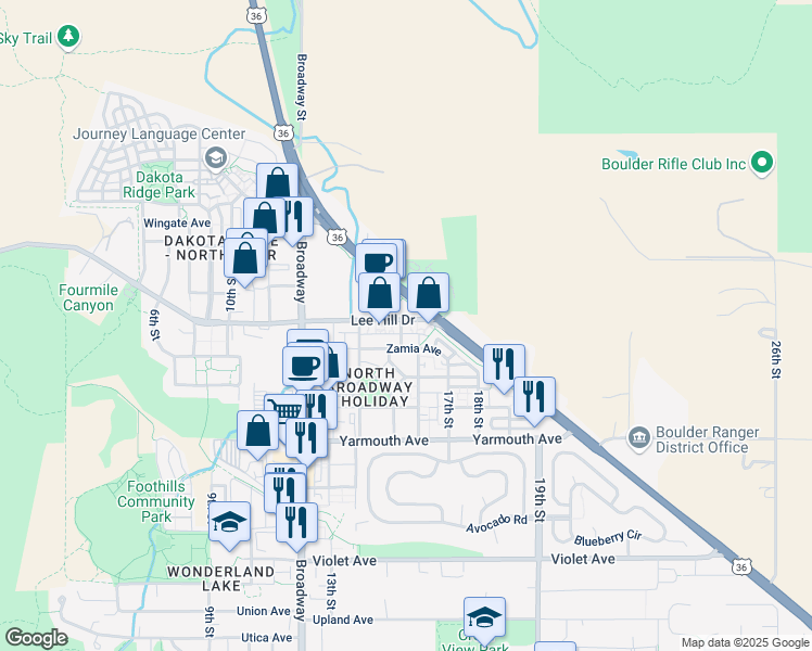 map of restaurants, bars, coffee shops, grocery stores, and more near 1570 Lee Hill Drive in Boulder