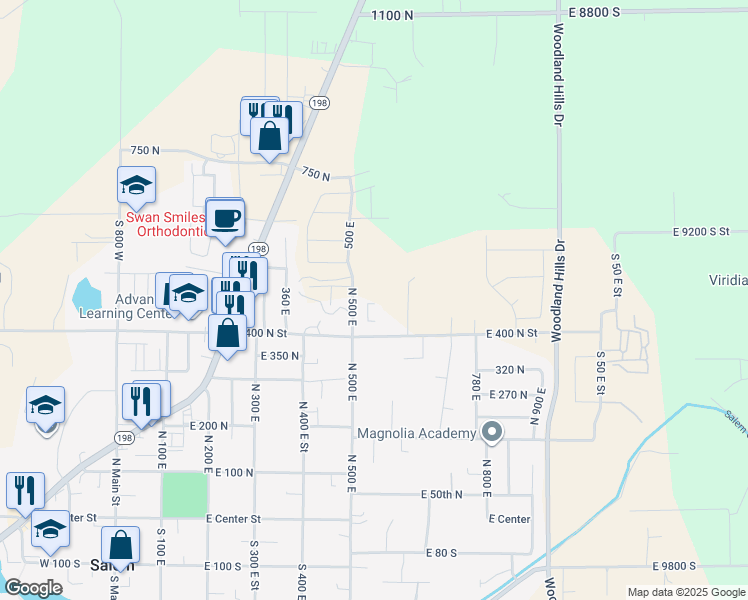 map of restaurants, bars, coffee shops, grocery stores, and more near 515 East 400 North in Salem