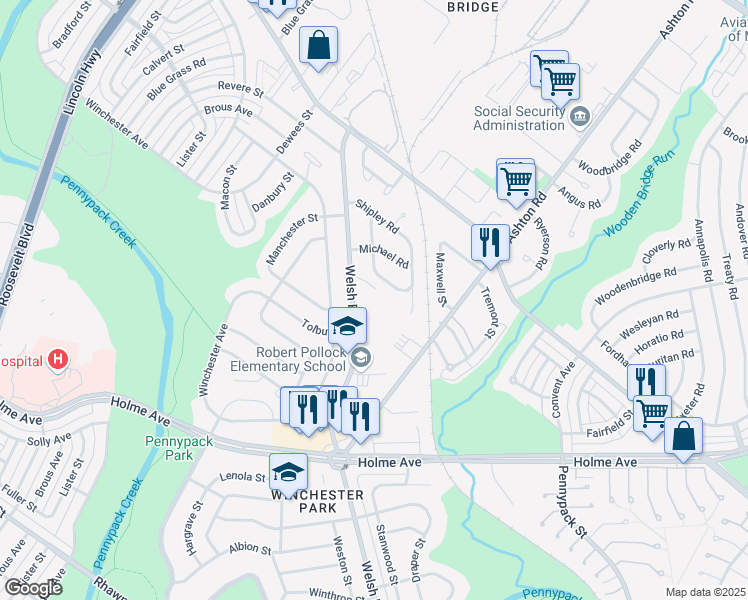 map of restaurants, bars, coffee shops, grocery stores, and more near 2816 Shelly Road in Philadelphia