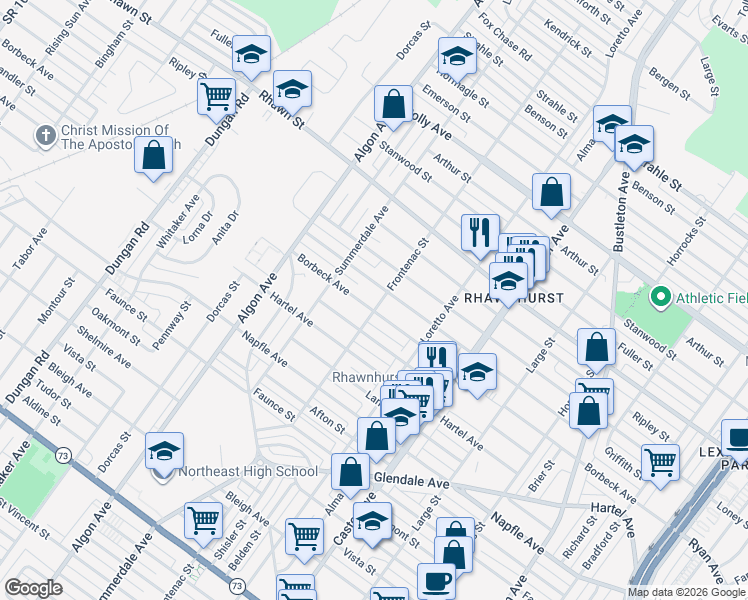 map of restaurants, bars, coffee shops, grocery stores, and more near 7916 Frontenac Street in Philadelphia
