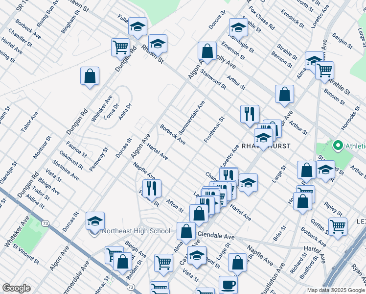 map of restaurants, bars, coffee shops, grocery stores, and more near 1717 Borbeck Avenue in Philadelphia