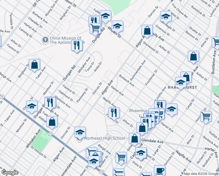 map of restaurants, bars, coffee shops, grocery stores, and more near 7724 Algon Avenue in Philadelphia