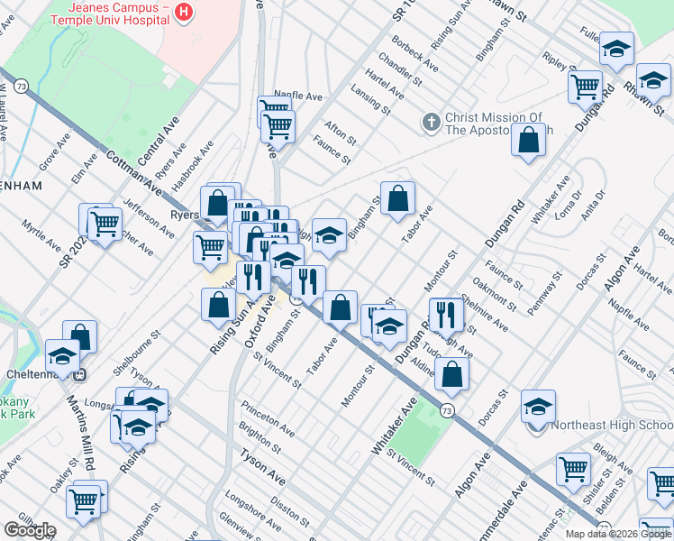 map of restaurants, bars, coffee shops, grocery stores, and more near 7340 Bingham Street in Philadelphia