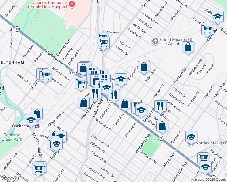 map of restaurants, bars, coffee shops, grocery stores, and more near 7330 Palmetto Street in Philadelphia