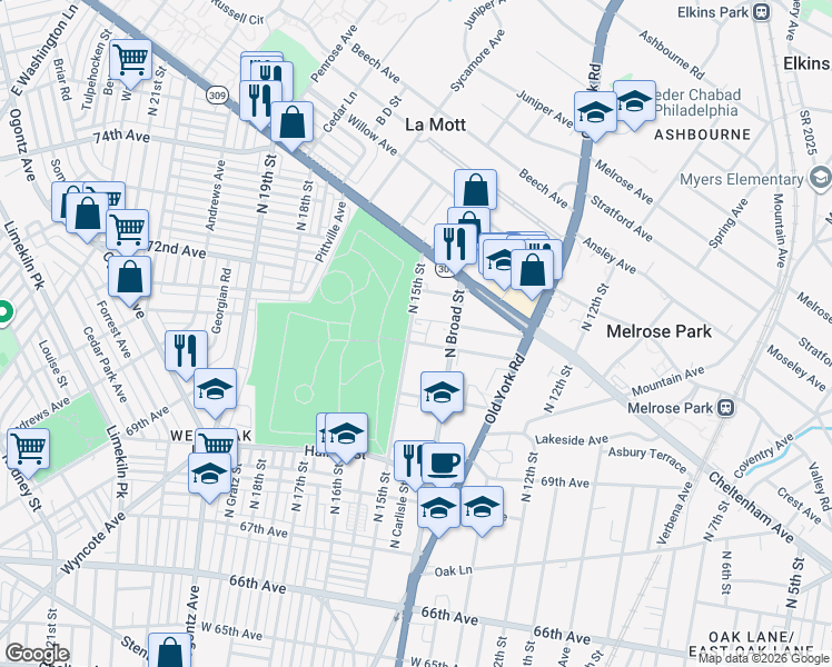 map of restaurants, bars, coffee shops, grocery stores, and more near 7112-18 North Broad Street in Philadelphia