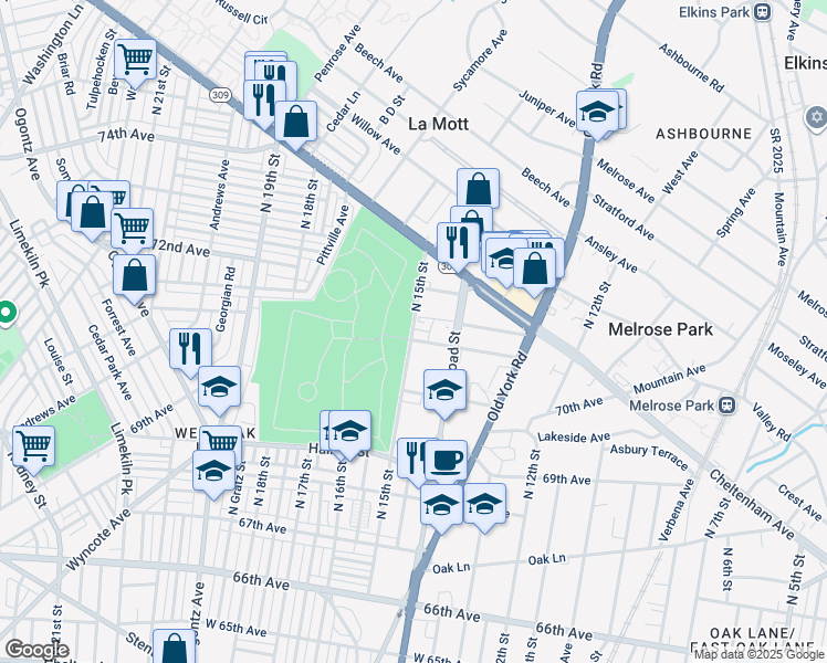 map of restaurants, bars, coffee shops, grocery stores, and more near 7112-18 North Broad Street in Philadelphia