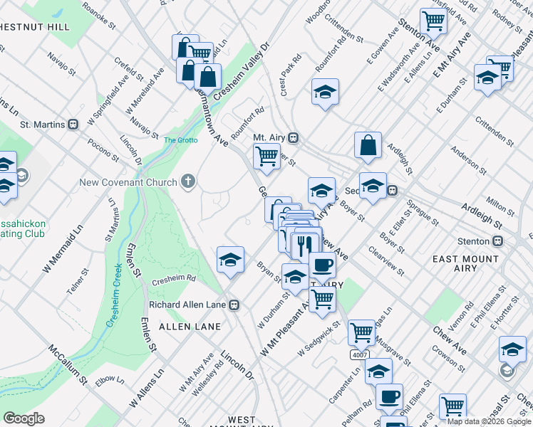 map of restaurants, bars, coffee shops, grocery stores, and more near 35 West Gowen Avenue in Philadelphia