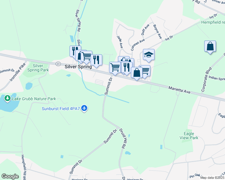 map of restaurants, bars, coffee shops, grocery stores, and more near 755 Summit Drive in Lancaster