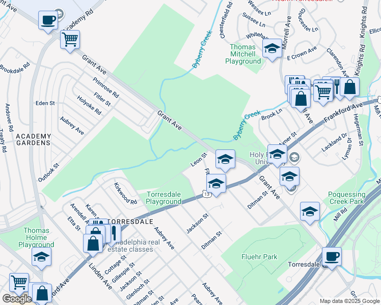 map of restaurants, bars, coffee shops, grocery stores, and more near 3850 Grant Avenue in Philadelphia