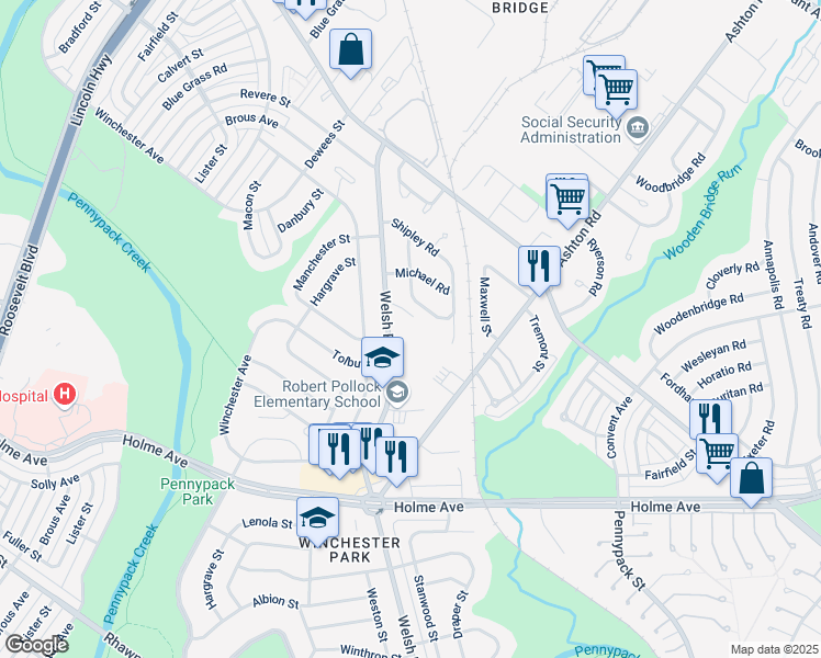 map of restaurants, bars, coffee shops, grocery stores, and more near 2901 Welsh Road in Philadelphia