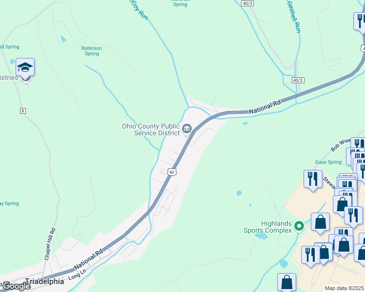 map of restaurants, bars, coffee shops, grocery stores, and more near 5333 National Road in Triadelphia