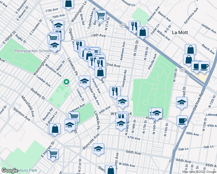 map of restaurants, bars, coffee shops, grocery stores, and more near 7009 Ogontz Avenue in Philadelphia