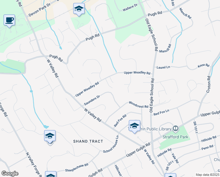 map of restaurants, bars, coffee shops, grocery stores, and more near 542 Upper Weadley Road in Wayne