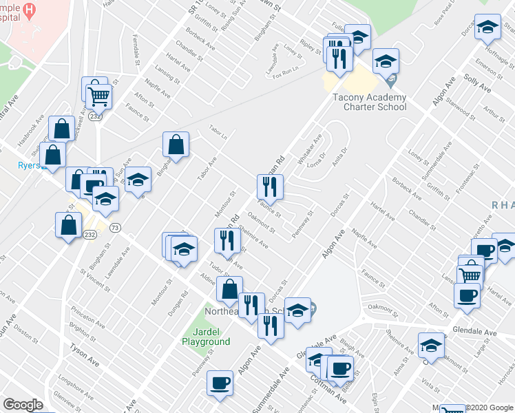 map of restaurants, bars, coffee shops, grocery stores, and more near 1330 Faunce Street in Philadelphia
