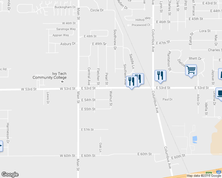 map of restaurants, bars, coffee shops, grocery stores, and more near 5311 Walnut Street in Anderson