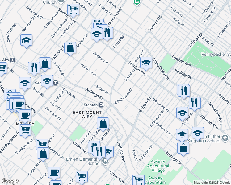 map of restaurants, bars, coffee shops, grocery stores, and more near 6718 Anderson Street in Philadelphia