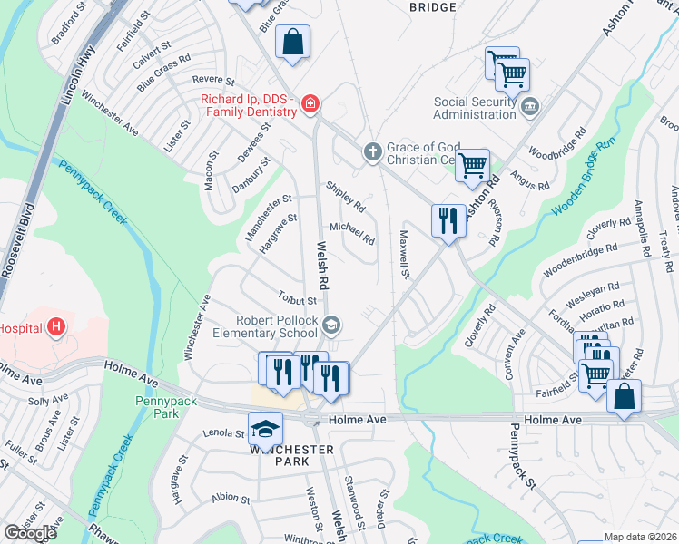 map of restaurants, bars, coffee shops, grocery stores, and more near 2901 Welsh Road in Philadelphia