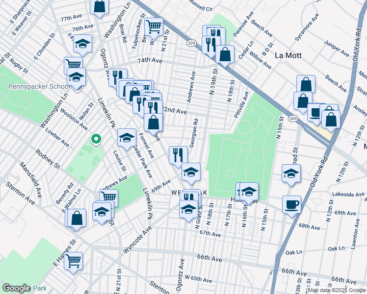map of restaurants, bars, coffee shops, grocery stores, and more near 7033 Andrews Avenue in Philadelphia