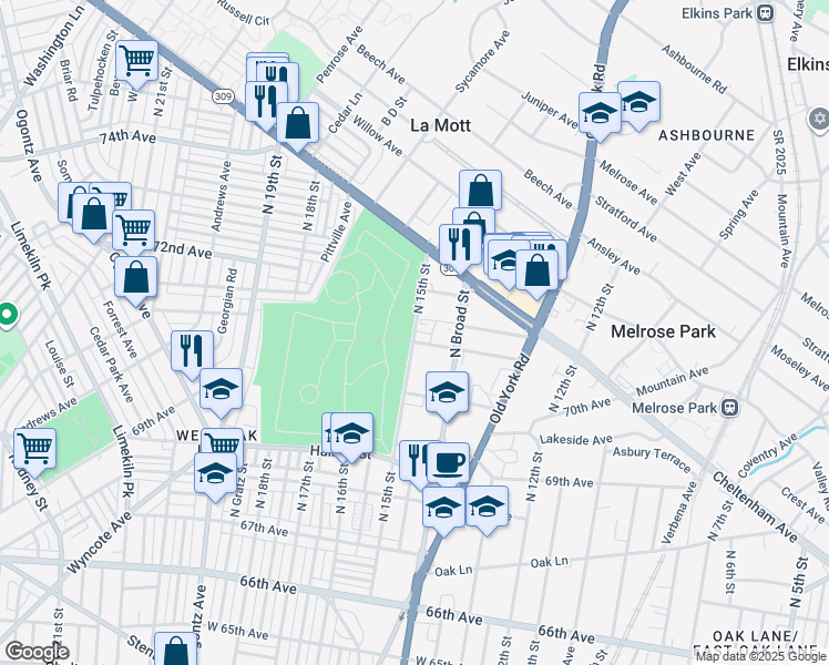 map of restaurants, bars, coffee shops, grocery stores, and more near 7112-18 North Broad Street in Philadelphia