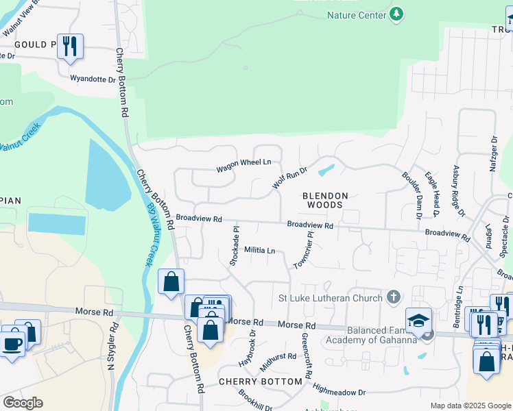 map of restaurants, bars, coffee shops, grocery stores, and more near 5217 Wolf Run Drive in Gahanna