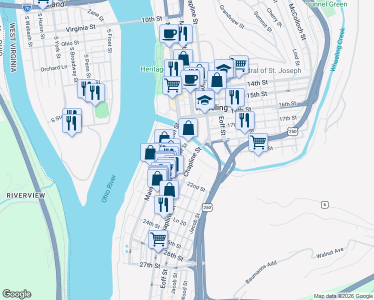 map of restaurants, bars, coffee shops, grocery stores, and more near 31 20th Street in Wheeling