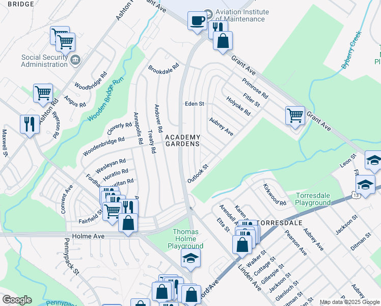 map of restaurants, bars, coffee shops, grocery stores, and more near 9240 Lansford Street in Philadelphia
