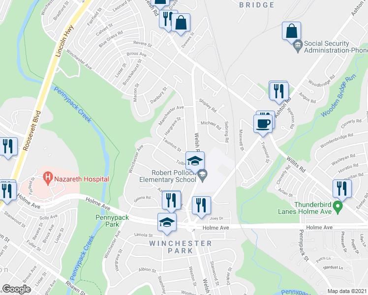 map of restaurants, bars, coffee shops, grocery stores, and more near 2848 Walnut Hill Street in Philadelphia