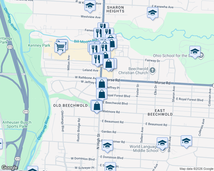 map of restaurants, bars, coffee shops, grocery stores, and more near in Columbus
