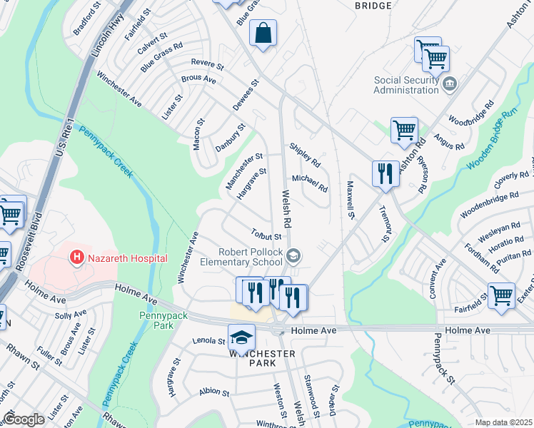 map of restaurants, bars, coffee shops, grocery stores, and more near 2848 Walnut Hill Street in Philadelphia