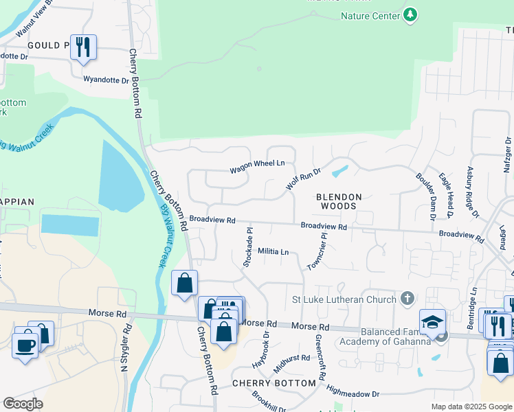 map of restaurants, bars, coffee shops, grocery stores, and more near 5217 Wolf Run Dr in Gahanna