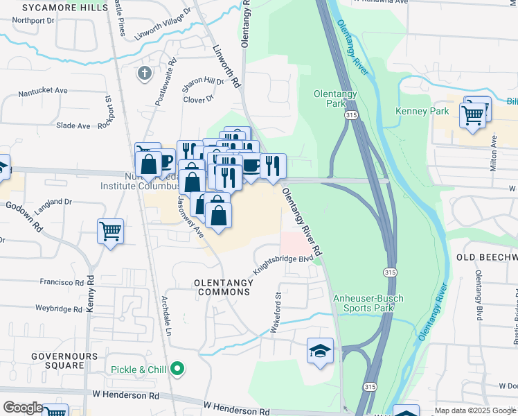 map of restaurants, bars, coffee shops, grocery stores, and more near 5005 Olentangy River Road in Columbus