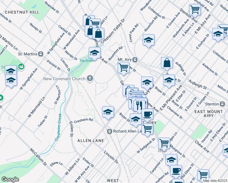 map of restaurants, bars, coffee shops, grocery stores, and more near 55 West Gowen Avenue in Philadelphia