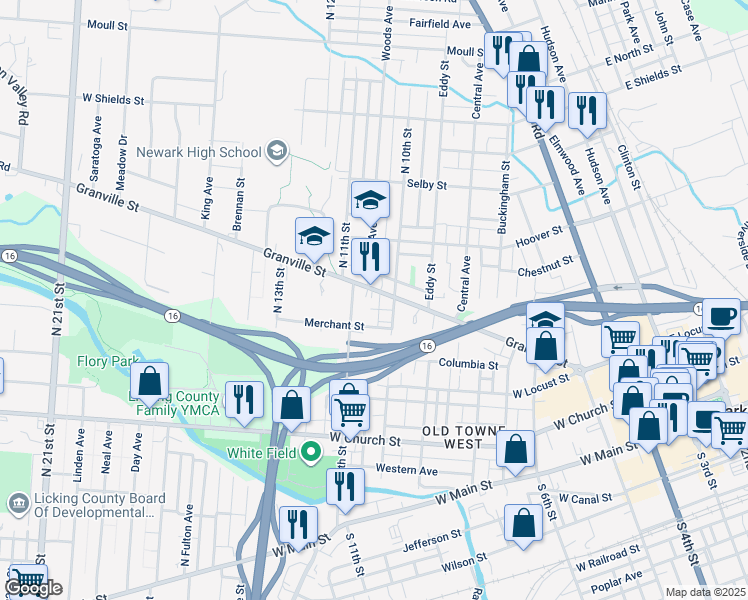 map of restaurants, bars, coffee shops, grocery stores, and more near 245 Granville Street in Newark