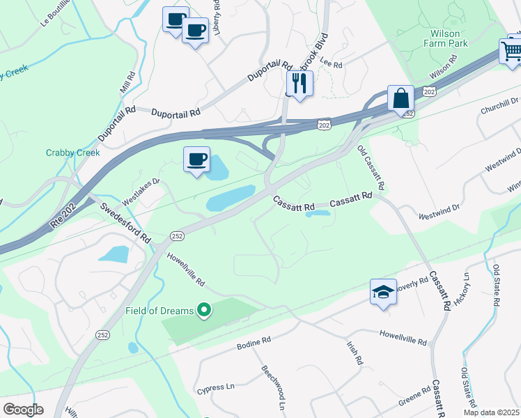 map of restaurants, bars, coffee shops, grocery stores, and more near 1100 Cassatt Road in Berwyn
