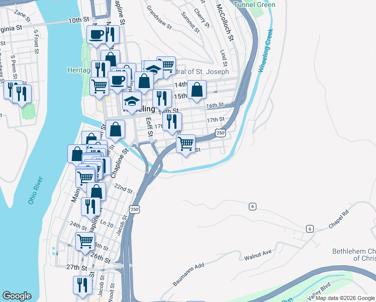 map of restaurants, bars, coffee shops, grocery stores, and more near 1826 Jacob Street in Wheeling