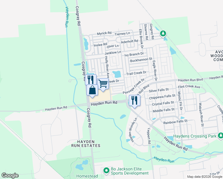 map of restaurants, bars, coffee shops, grocery stores, and more near 5424 Holly River Avenue in Dublin