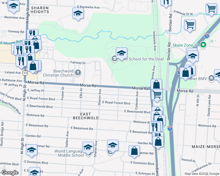map of restaurants, bars, coffee shops, grocery stores, and more near 463 U.S. 23 in Columbus