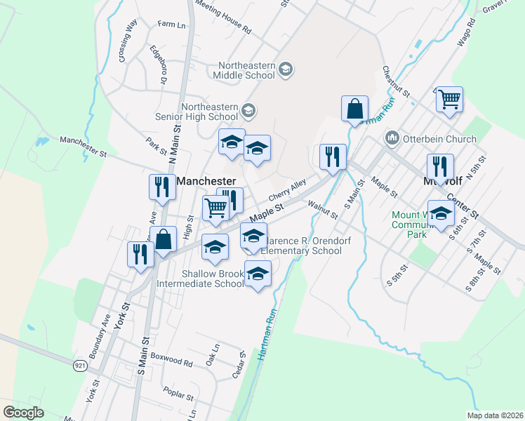 map of restaurants, bars, coffee shops, grocery stores, and more near 414 Maple Street in Manchester