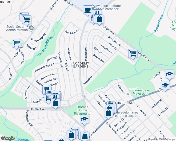 map of restaurants, bars, coffee shops, grocery stores, and more near 9239 Lansford Street in Philadelphia