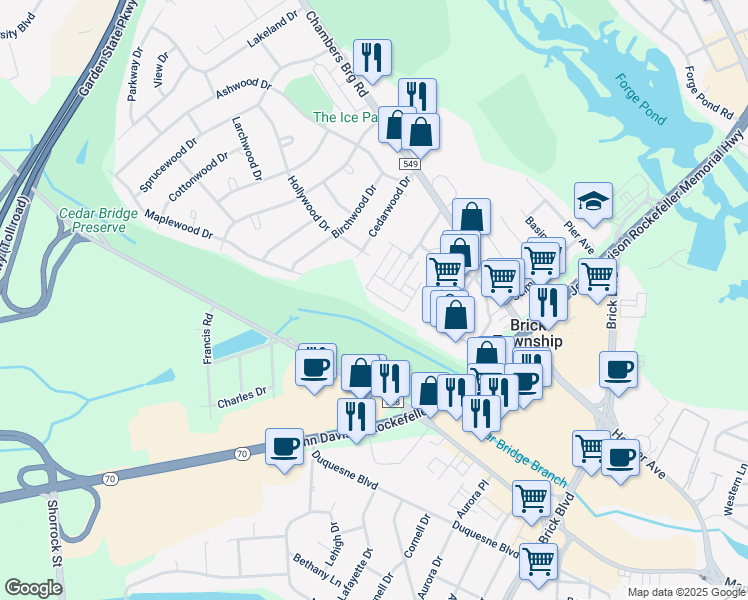 map of restaurants, bars, coffee shops, grocery stores, and more near 204 Discovery Road in Brick Township