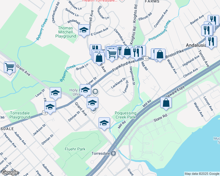 map of restaurants, bars, coffee shops, grocery stores, and more near 9864 Lackland Drive in Philadelphia