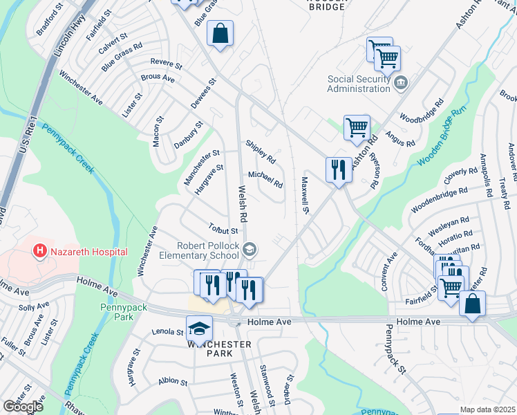map of restaurants, bars, coffee shops, grocery stores, and more near 2816 Shelly Road in Philadelphia