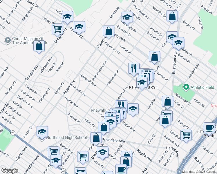 map of restaurants, bars, coffee shops, grocery stores, and more near 7916 Frontenac Street in Philadelphia