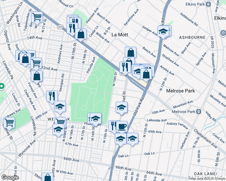 map of restaurants, bars, coffee shops, grocery stores, and more near 7112-18 North Broad Street in Philadelphia