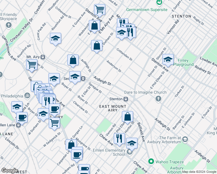 map of restaurants, bars, coffee shops, grocery stores, and more near 6912 Ardleigh Street in Philadelphia