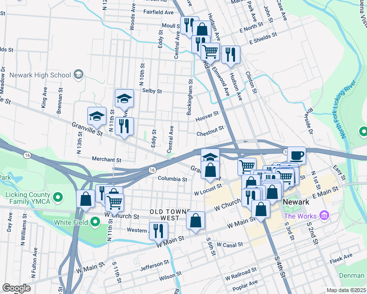 map of restaurants, bars, coffee shops, grocery stores, and more near 201 Buckingham Street in Newark